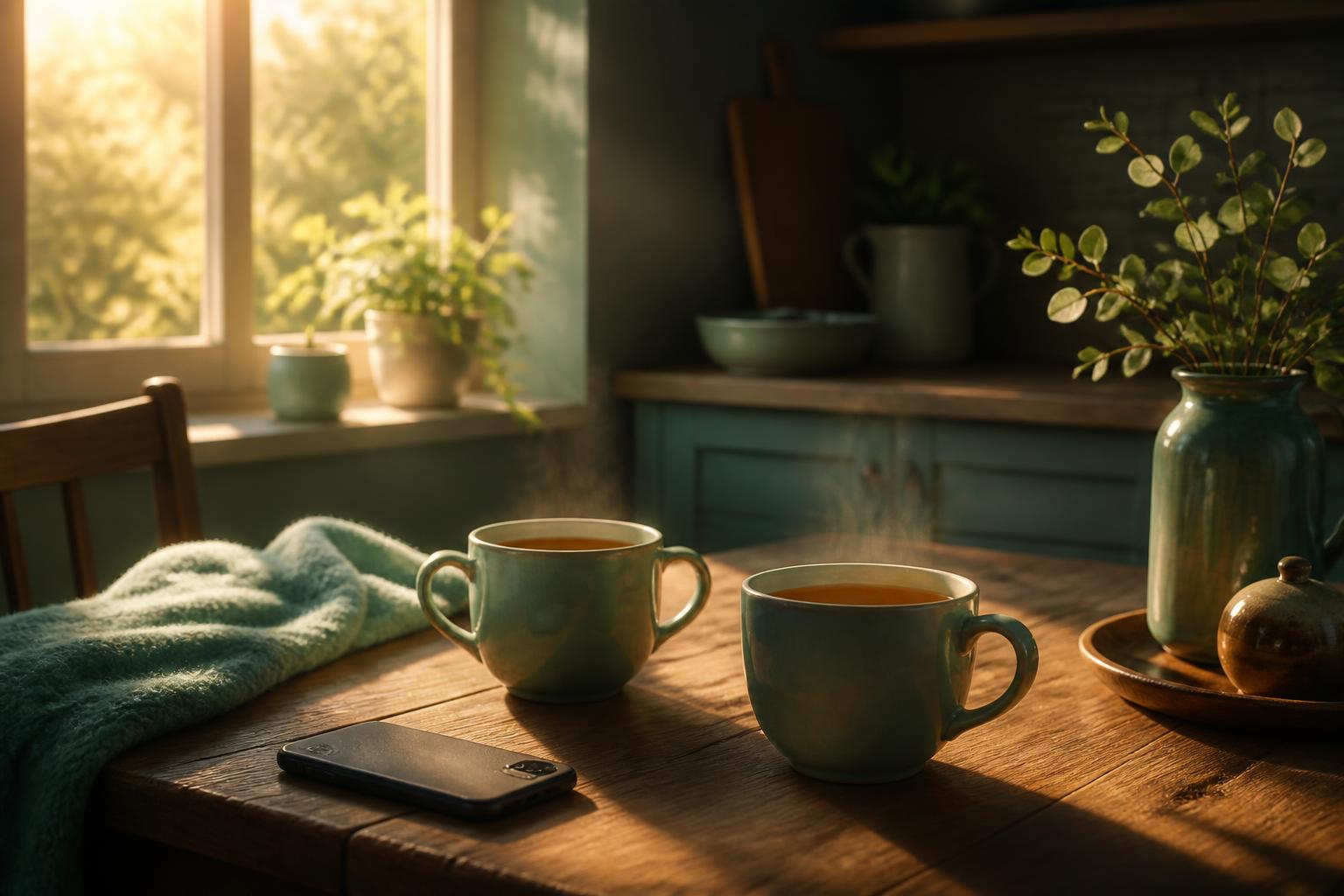 Morning light through a kitchen window with two mugs of tea on a wooden table