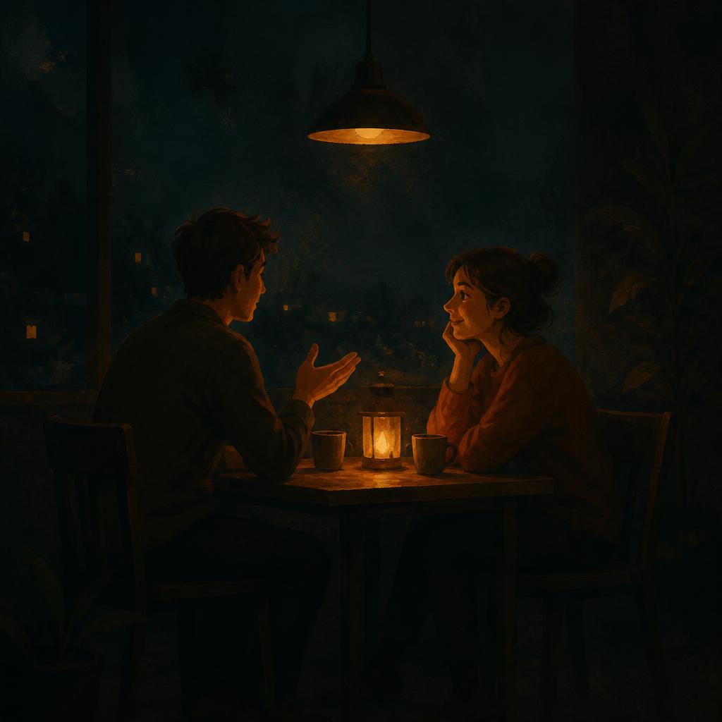Two people talking across a table under a warm lamp at night